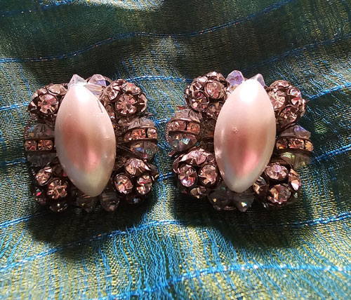 Faux pearl, rhinestone, crystal earrings