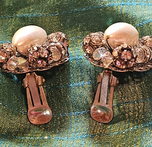 Faux pearl, rhinestone, crystal earrings