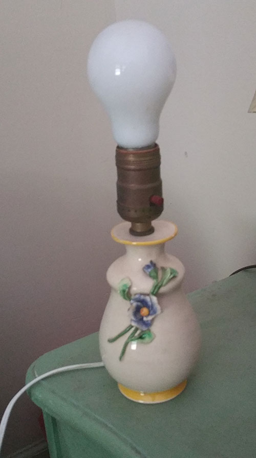 Vintage White Porcelain Lamp with Blue Flower