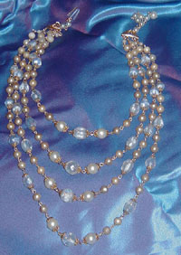 Blue Glass and  Faux Pearl 4-Strand beaded necklace